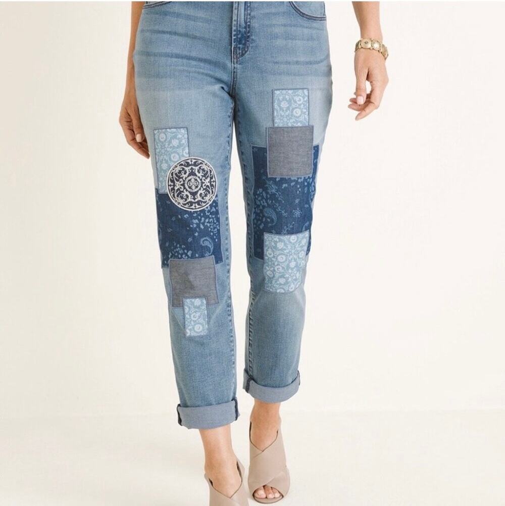 Chico's Boyfriend Patchwork Ankle Jeans BOHO Relaxed Mid-Rise SZ 10 ( 1.5 )